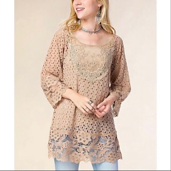 Kori Boho Cottagecore Crochet‎ Lace Hems Bell Sleeve Tunic Top Mocha Tan Small - Picture 2 of 14
